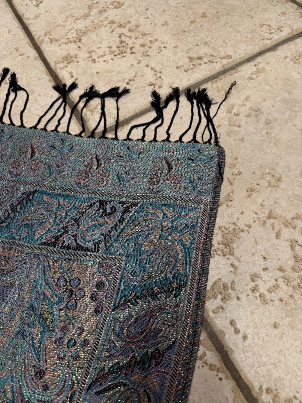 pashmina Teal, Purple & Black Paisley Woven Shawl with Fringe